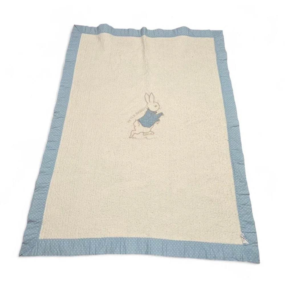 Vintage Beatrix Potter Peter Rabbit Baby Blanket Blue White Quilted Embroidered
